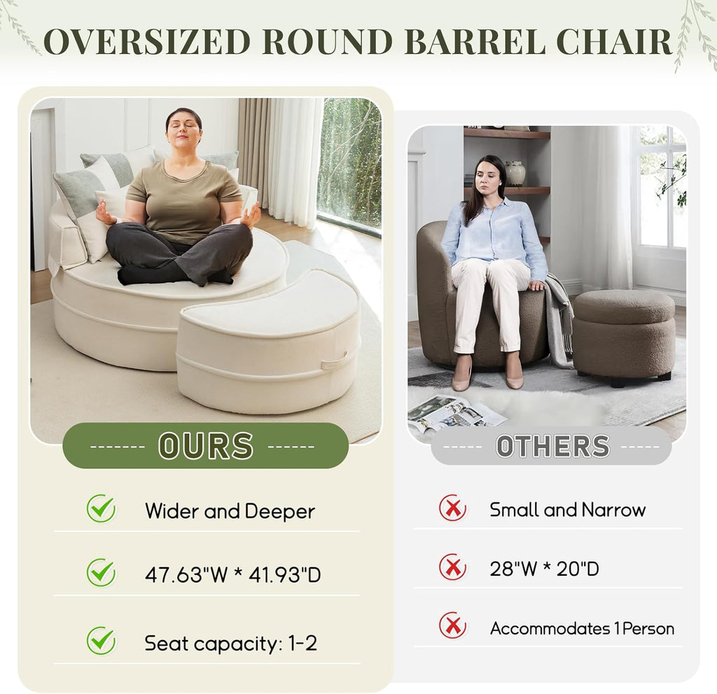 Modern Chaise Lounge Chair and Ottoman — Beige Velvet