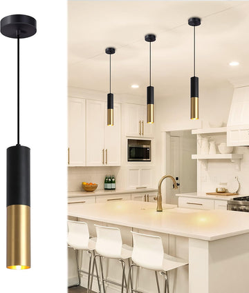 Modern Pendant Light Fixture Kitchen Island | 1-Light Black Gold GU10 Hanging Light Cord Adjustable Cylinder Pendants