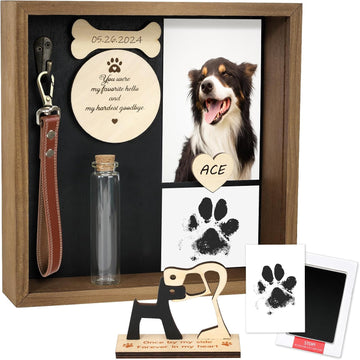 Pet Memorial Gifts for Dogs, 8.6'' Shadow Box, Paw Print Kit, Fur Jar