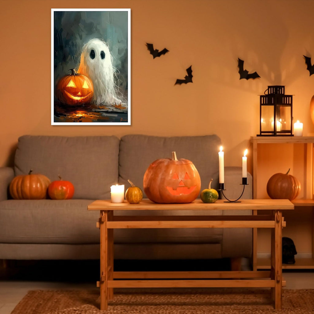 Retro Wild Spooky Ghost With Pumpkin Lantern Posters Cute Horror Scary Wall Art Eerie Forest Horror Ghost Plant