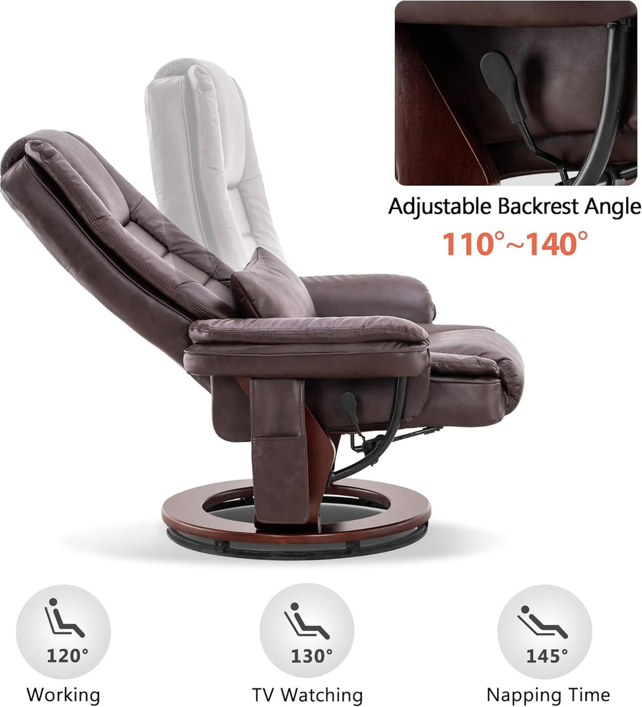 Modern Reclining Swivel Lounge Chair and Ottoman — Brown Faux Leather