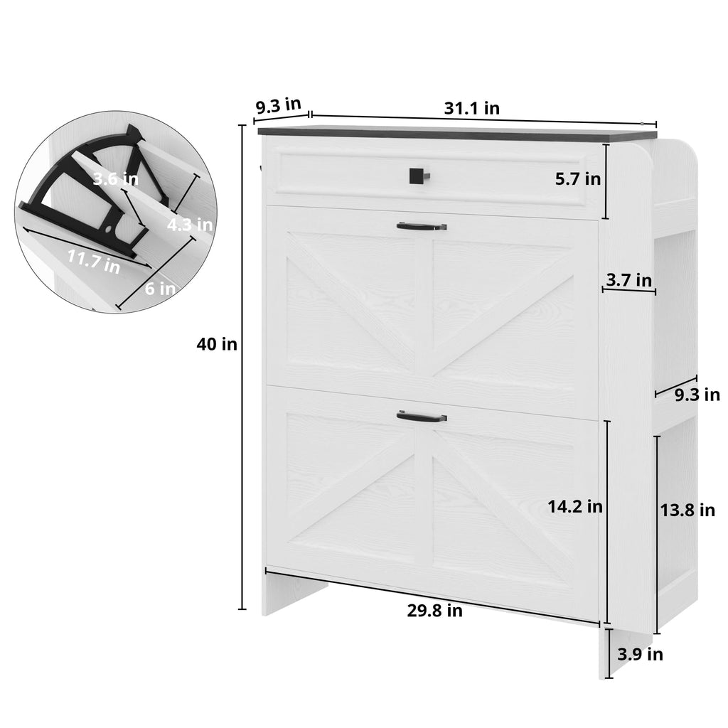 Shoe Storage Cabinet with 2 Flip Drawers & Barn Door, White/Black