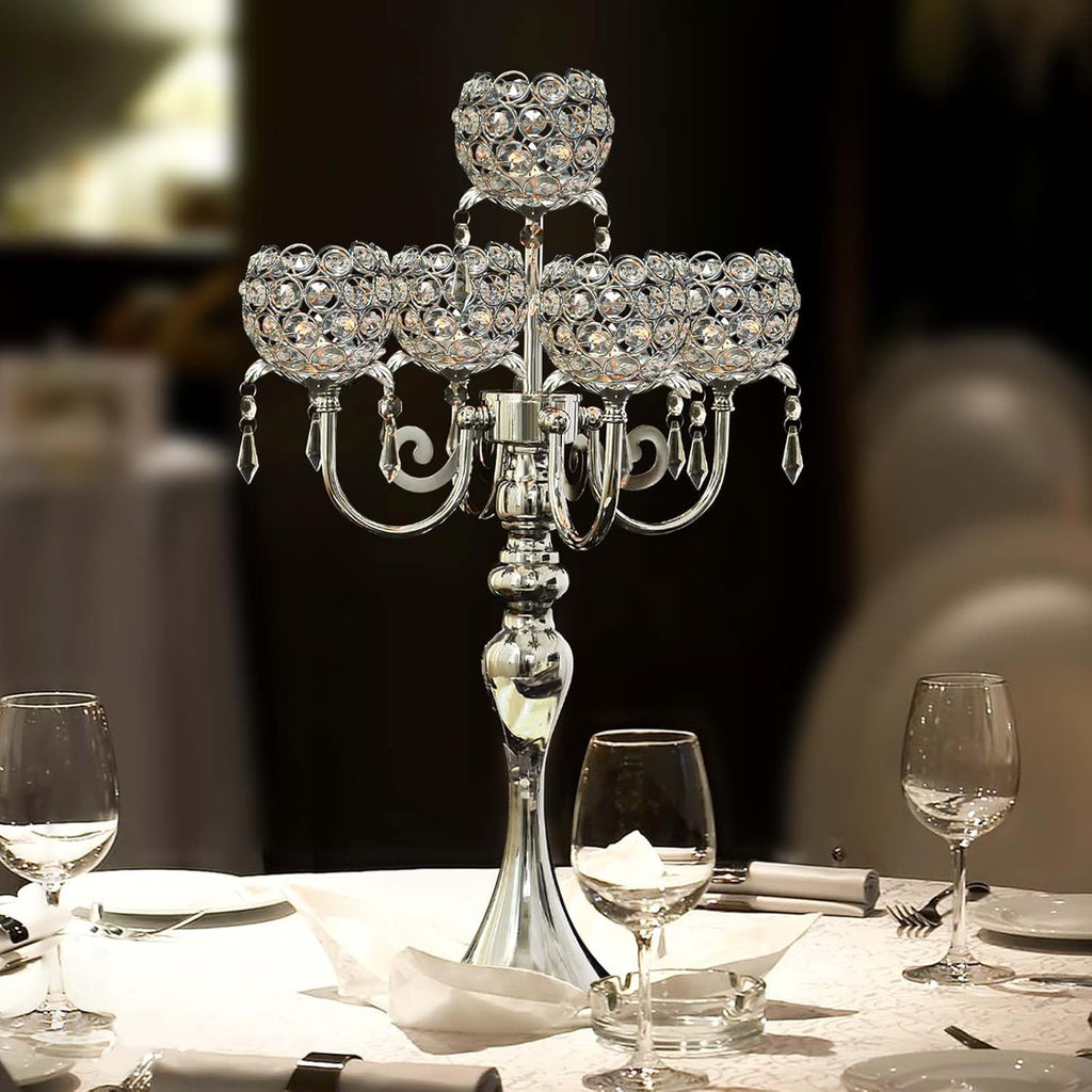 5 Arm Elegant Crystal Candle Holder,Candlestick, 22 Inch Tall Candle Holder Table Candelabra Event Party Table