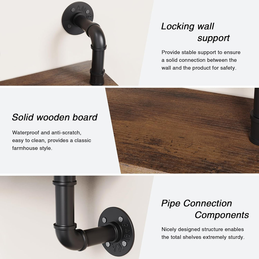 3 Tier Rustic Floating Shelves Industrial Pipe Floating Shelf | Wall Mounted for Wall, Kitchen Storage Shelves