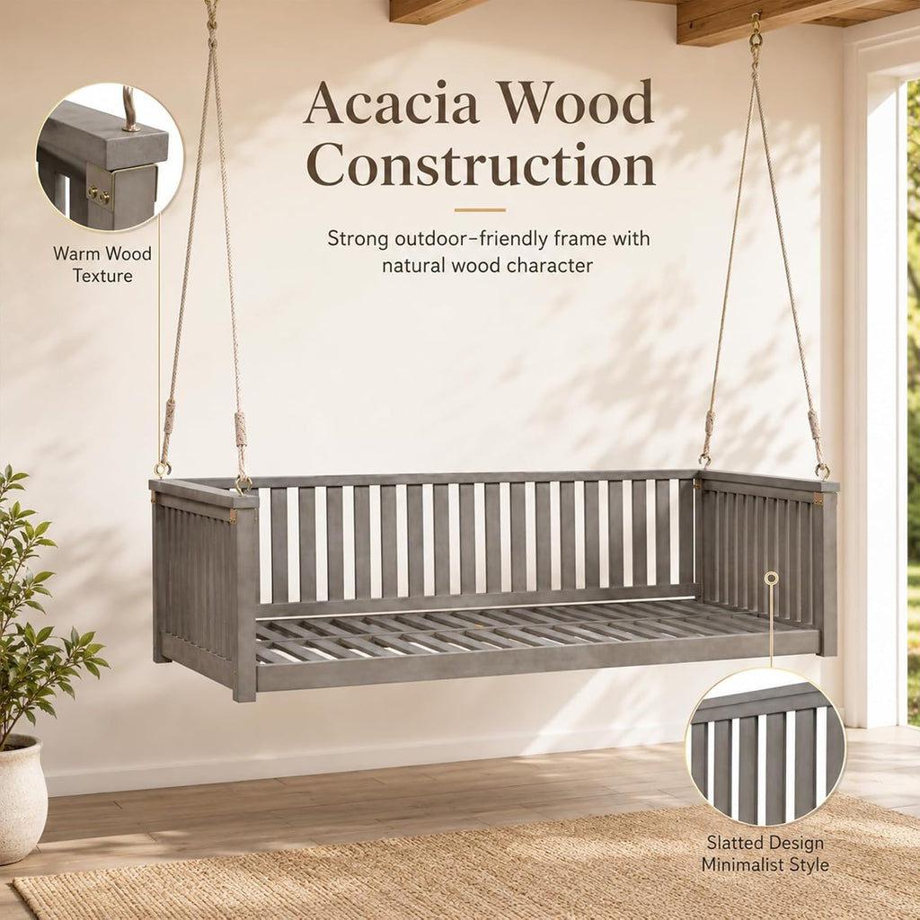 Outdoor Porch Swing Bed, Twin Size Acacia Wood Hanging Daybed with Hemp Ropes, Minimalist Patio Swing Bed for Garden