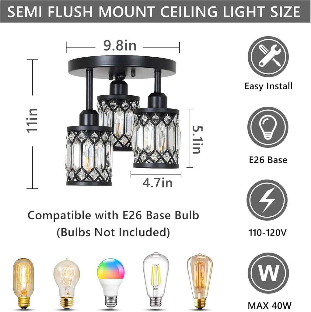 Semi Flush Mount Ceiling Light,3-Light Modern Crystal Close to Ceiling Light Fixtures, Black Kitchen Light Fixtures