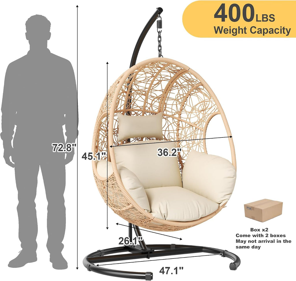 Oversized Hanging Egg Chair Outdoor Indoor, Wicker with Stand 400lbs Capacity , Garden and Balcony (Beige-nest