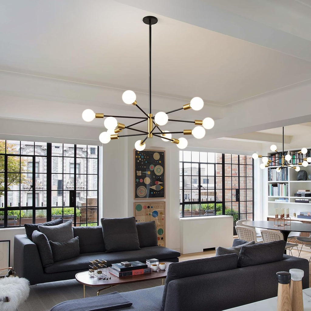 Modern Chandelier Ceiling Light Fixture - 33.4" 12-Light Gold and Black Sputnik Chandeliers, Height Adjustable