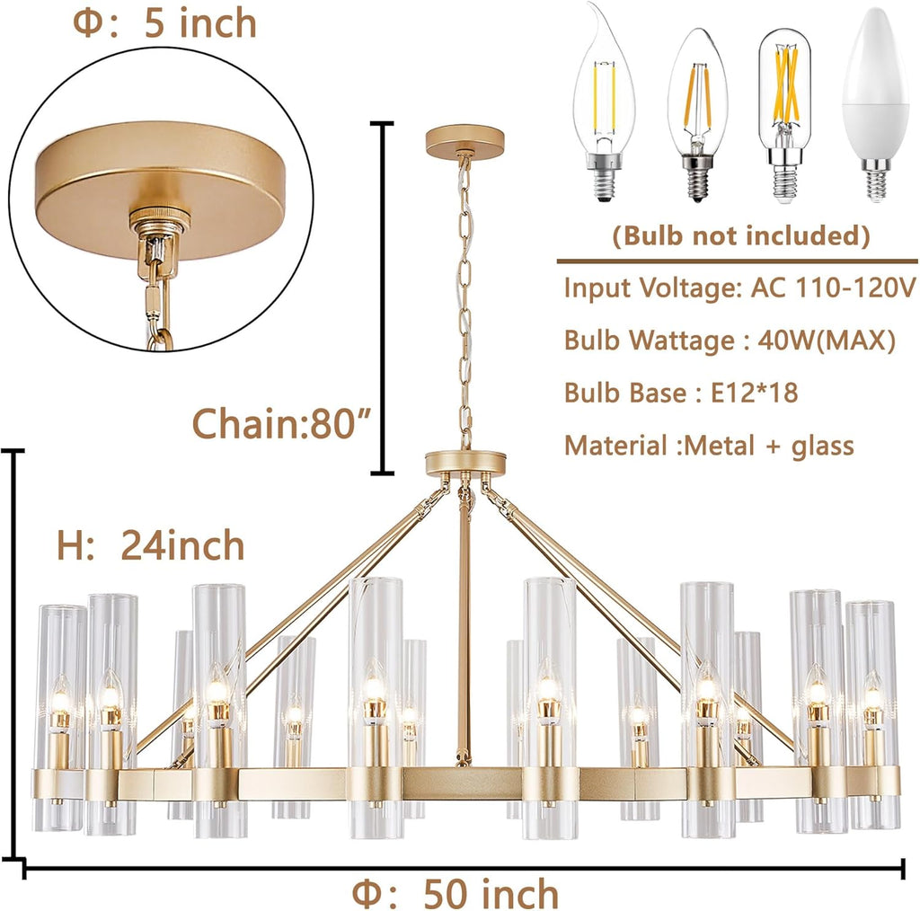 Inspired Ravelle Style Gold Wagon Wheel Chandelier with Glass Shape D50 Large Round Chandelier Lighting for High Ceiling, Hanging Pendant Light Fixtures for Living Room, Dining Room (Gold + Glass Shape)