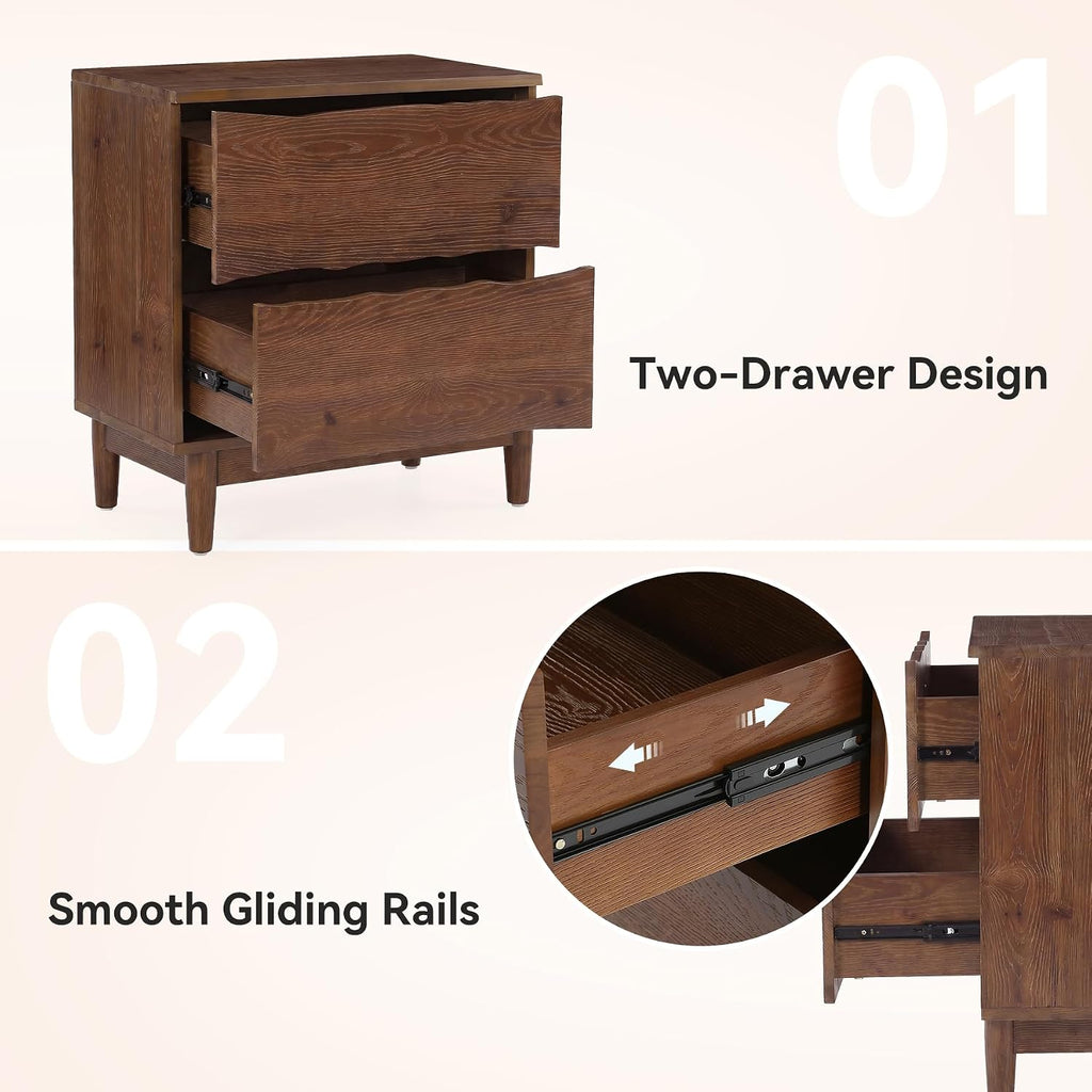 Solid Wood Nightstand with 2 Drawers, 24" Wide End Table | Tall Wooden Mid-Century Modern Night Stand, Farmhouse