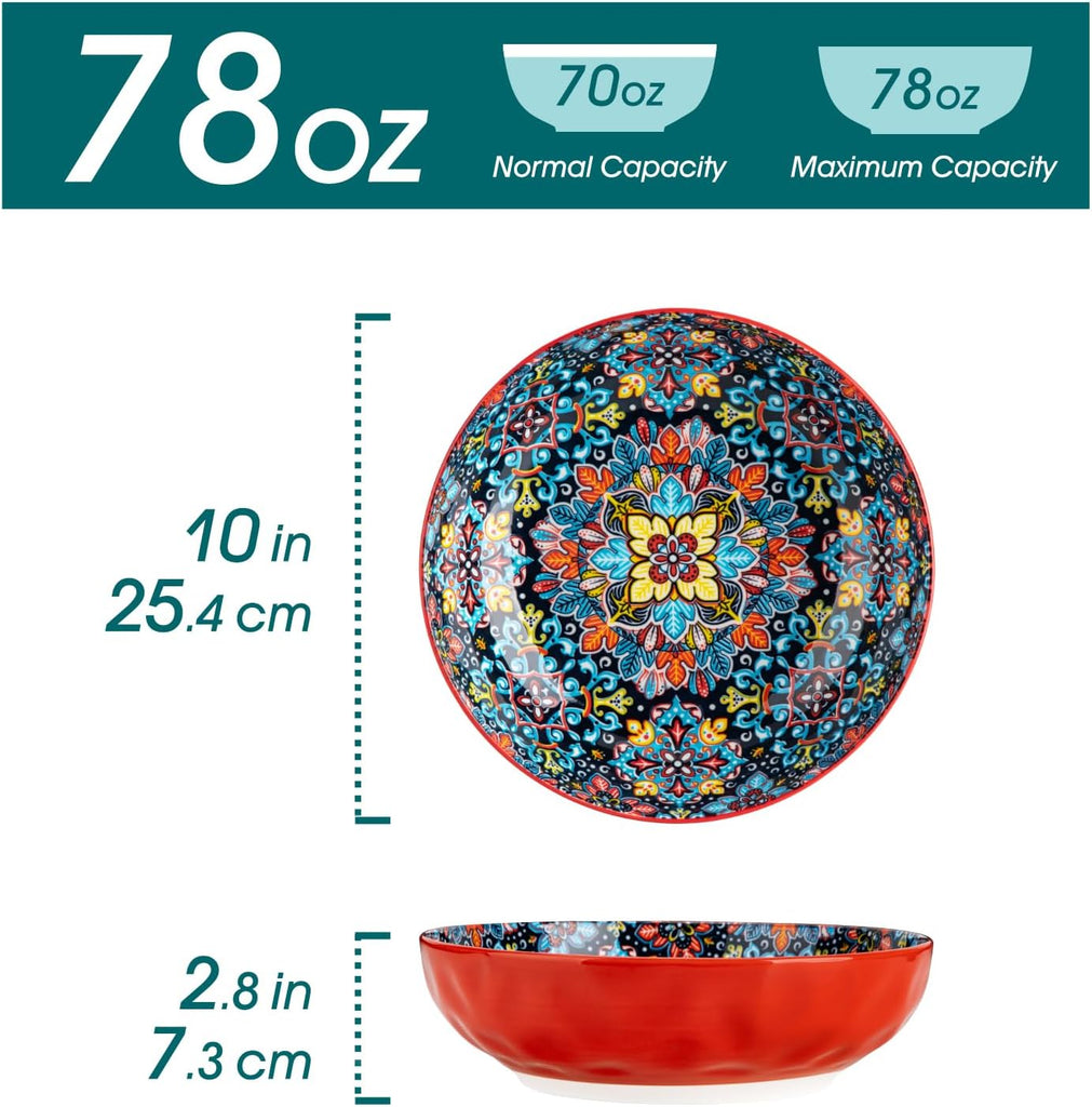 Large Serving Bowls,78 Oz Salad Bowls Set of 2,Serving Dishes-Red | Bohemian Decorative Bowls for Salad, Fruit, Pasta