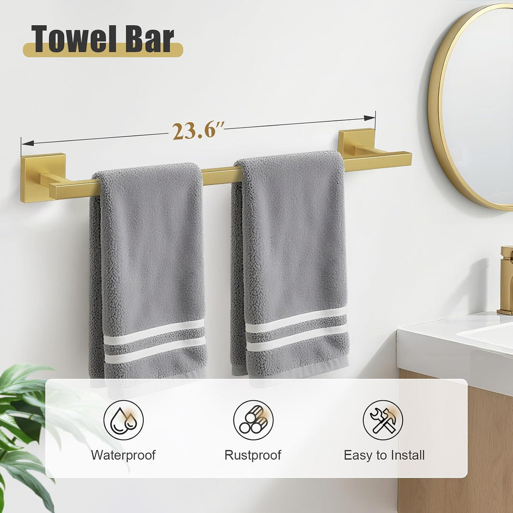 5-Pieces Brushed Gold Bathroom Hardware Accessories Set Stainless Steel Bathroom Towel Bar Set Towel Holder Set