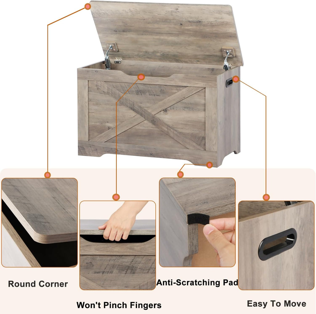 31.5" Storage Chest, Wooden Storage Bench, Entryway Shoes Bench | Storage Trunk with 2 Safety Hinges, 15.7 x 31.5 x
