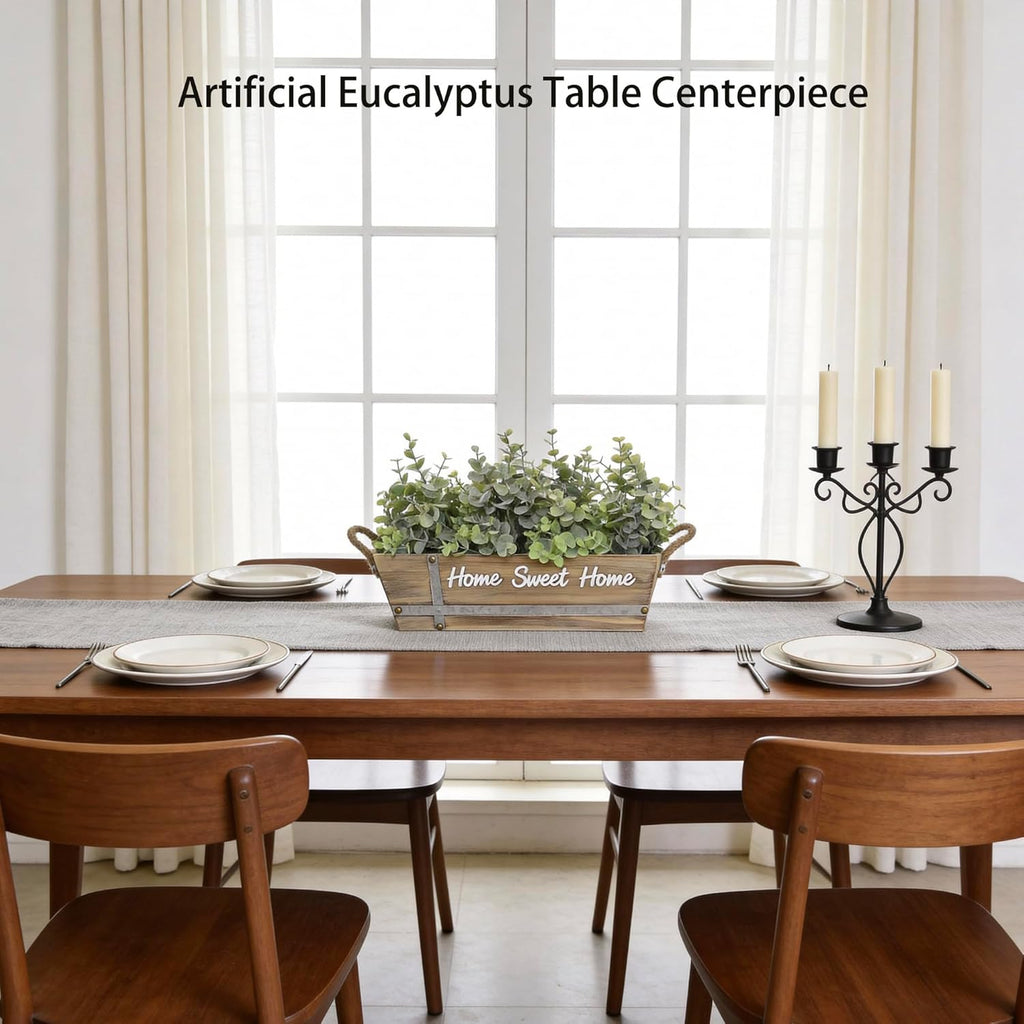 Artificial Eucalyptus Table Centerpiece in Wooden Box, Faux Greenery Arrangement with "Home Sweet Home" Sign, Jute