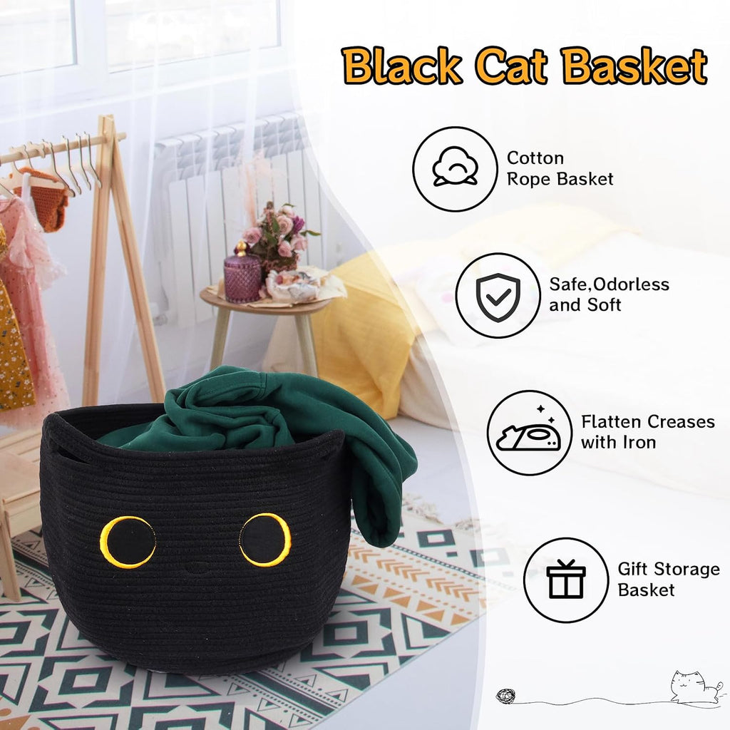 Cute Black Cat Round Basket - Cotton Rope Baskets Large Baby Laundry | Blasket , Woven Blanket Basket Hamper With