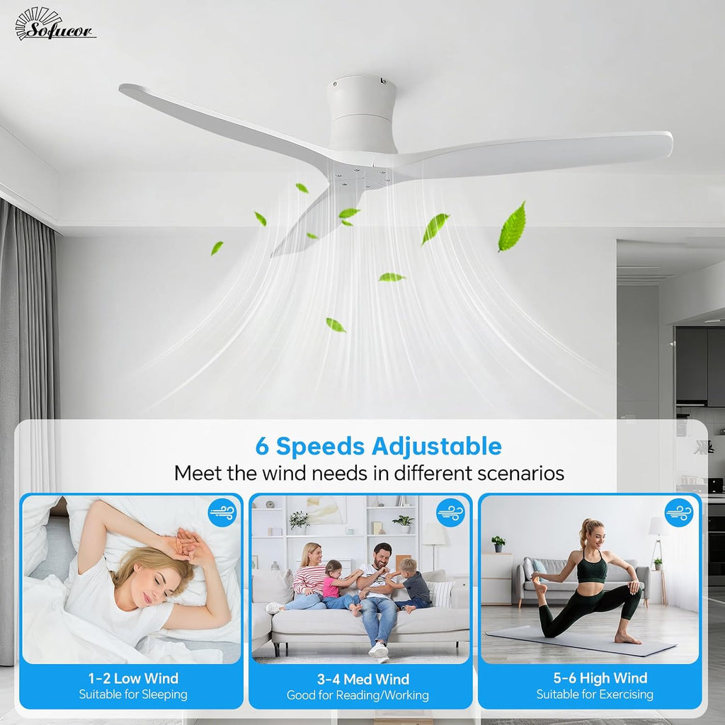 52" Smart Ceiling Fan No Light, Solid Wood Low Profile Ceiling Fan with Remote