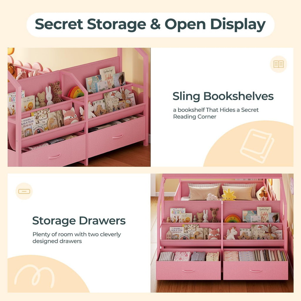 Montessori Twin Floor Bed, Safety Guardrail, Reading Nook, House Shape,Pink | Sling Bookshelves, Storage Drawers