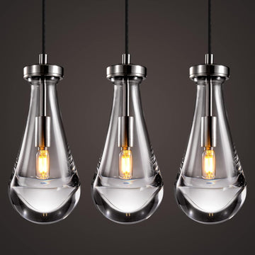Raindrop Pendant Lights Kitchen Island Teardrop Nickel Hanging Light Fixtures Clear Solid Glass Pendant Light Modern Chandeliers for Dining Room Porch Corridor Living Room(3-Pack)