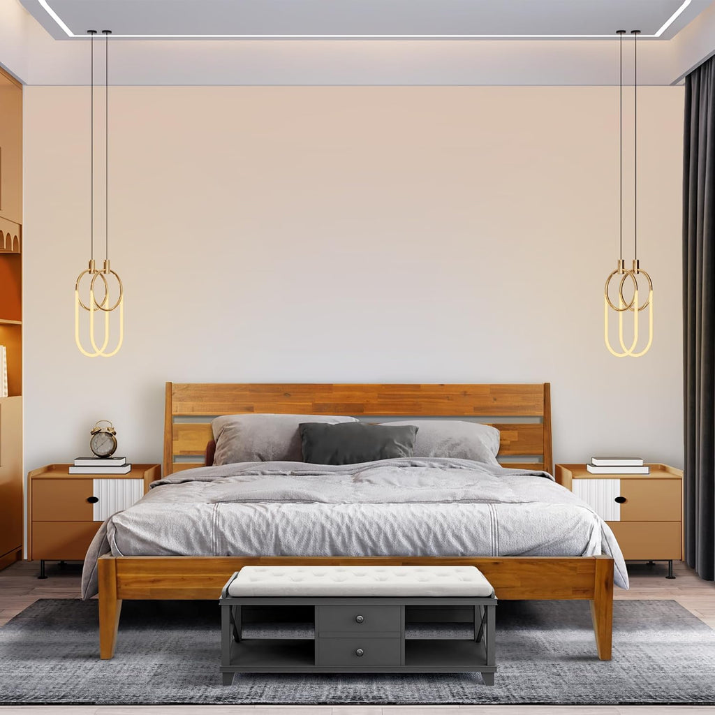 Emery Bed Frame with Headboard Solid Wood Platform Bed, King Size Bed Frame, Mid - Century Modern Wood Bed Compatible