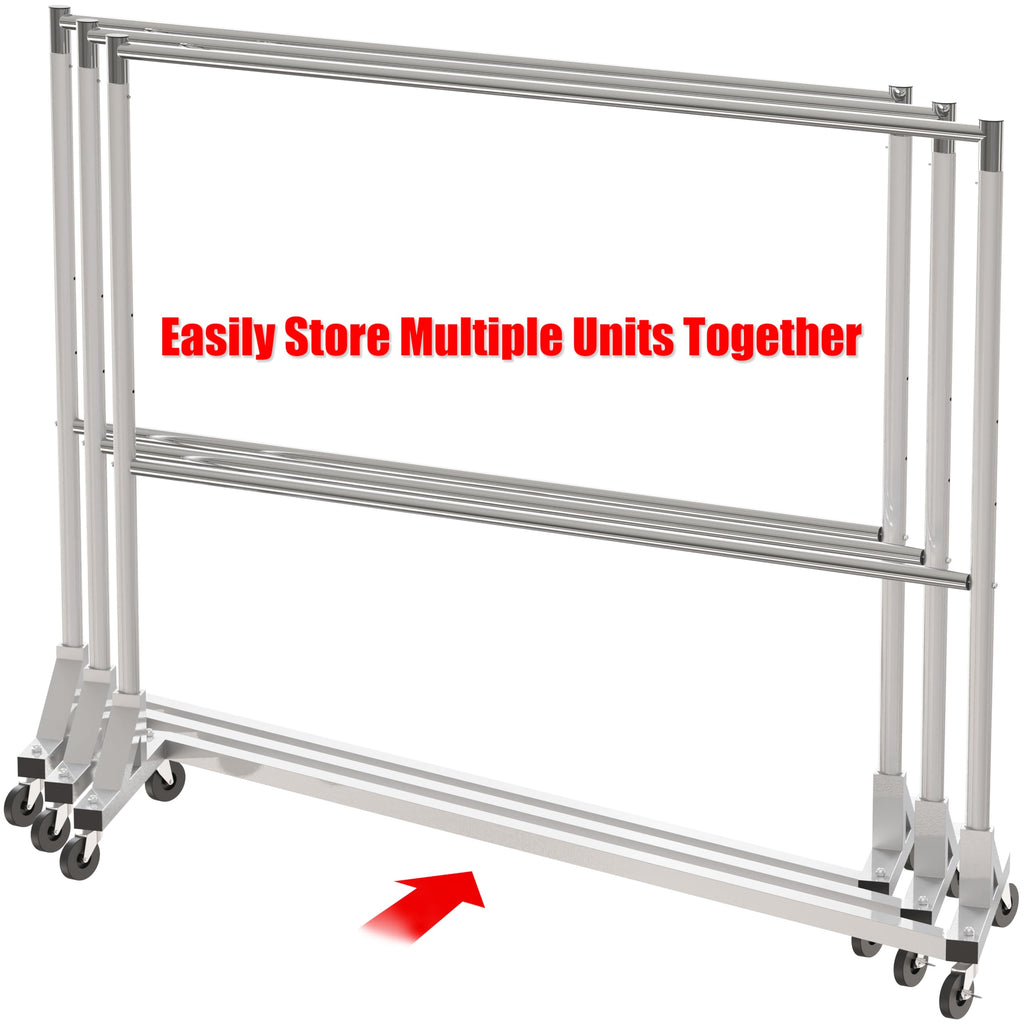 Commercial Grade Z-Base Double Rod Garment Rack, Silver
