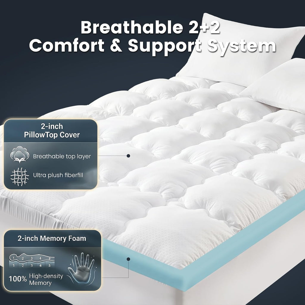 Memory Foam 4 Inch Mattress Topper Full for Back Pain Relief | 2 Inch Supportive Memory Foam & 2 Inch Pillow Top
