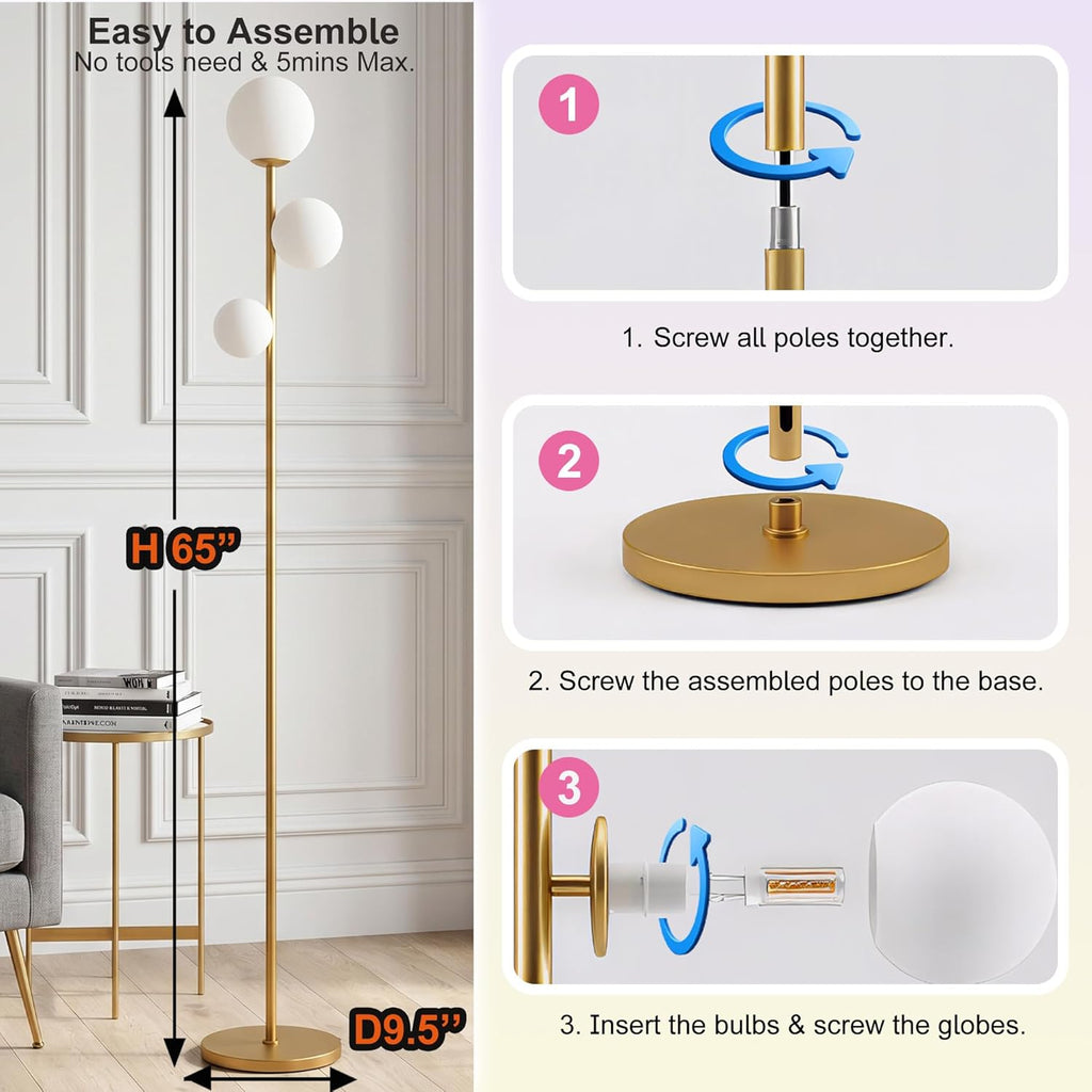 3 Globe Floor Lamp Mid Century Modern, Gold Standing Lamp with Frosted Glass Shade & LED Bulbs
