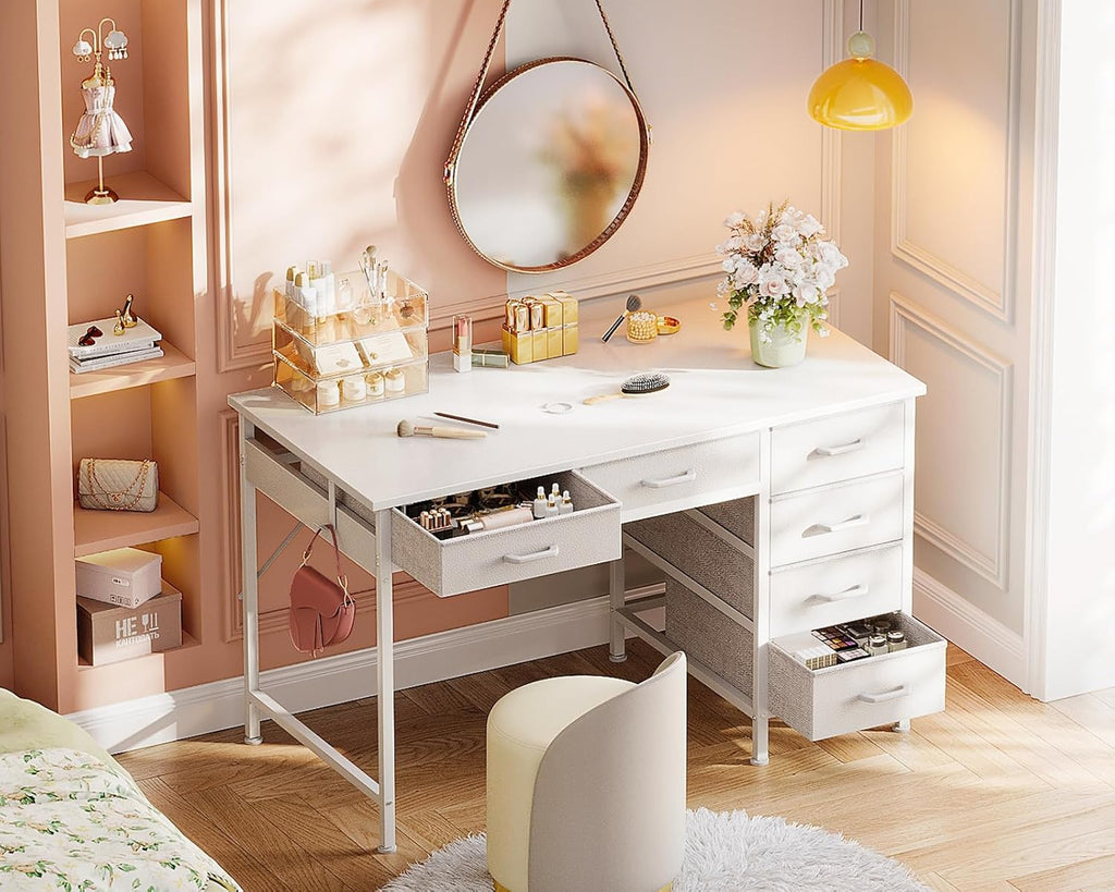 Computer Desk with 6 Drawers, 40 Inch Small Desk with Storage, Reversible Desk with Headphone Hook, Work Study Table