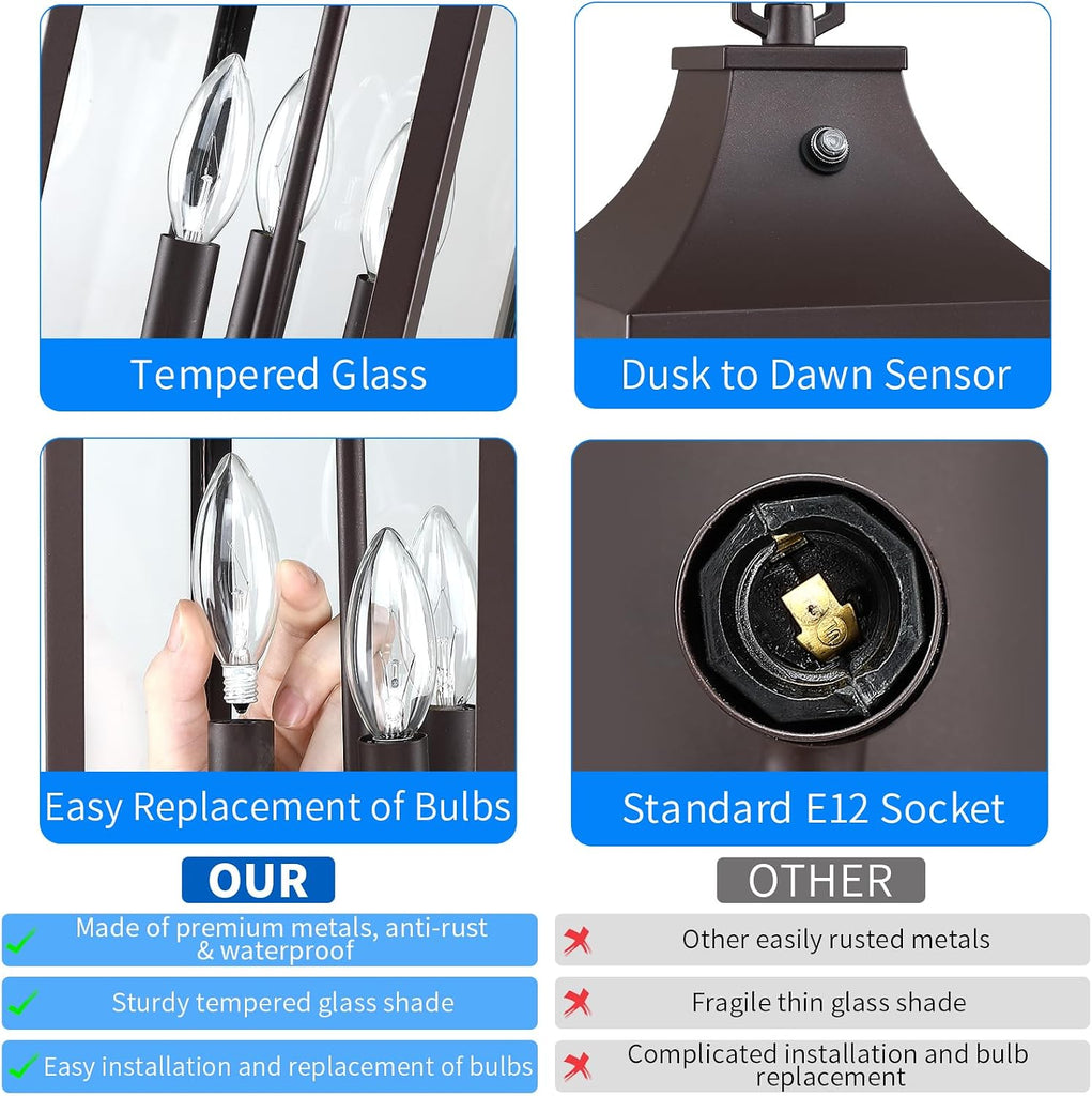 15.5'' Large Outdoor Pendant Light Fixtures 3-Light, Dusk to Dawn Exterior Hanging Lantern Porch Light Adjustable