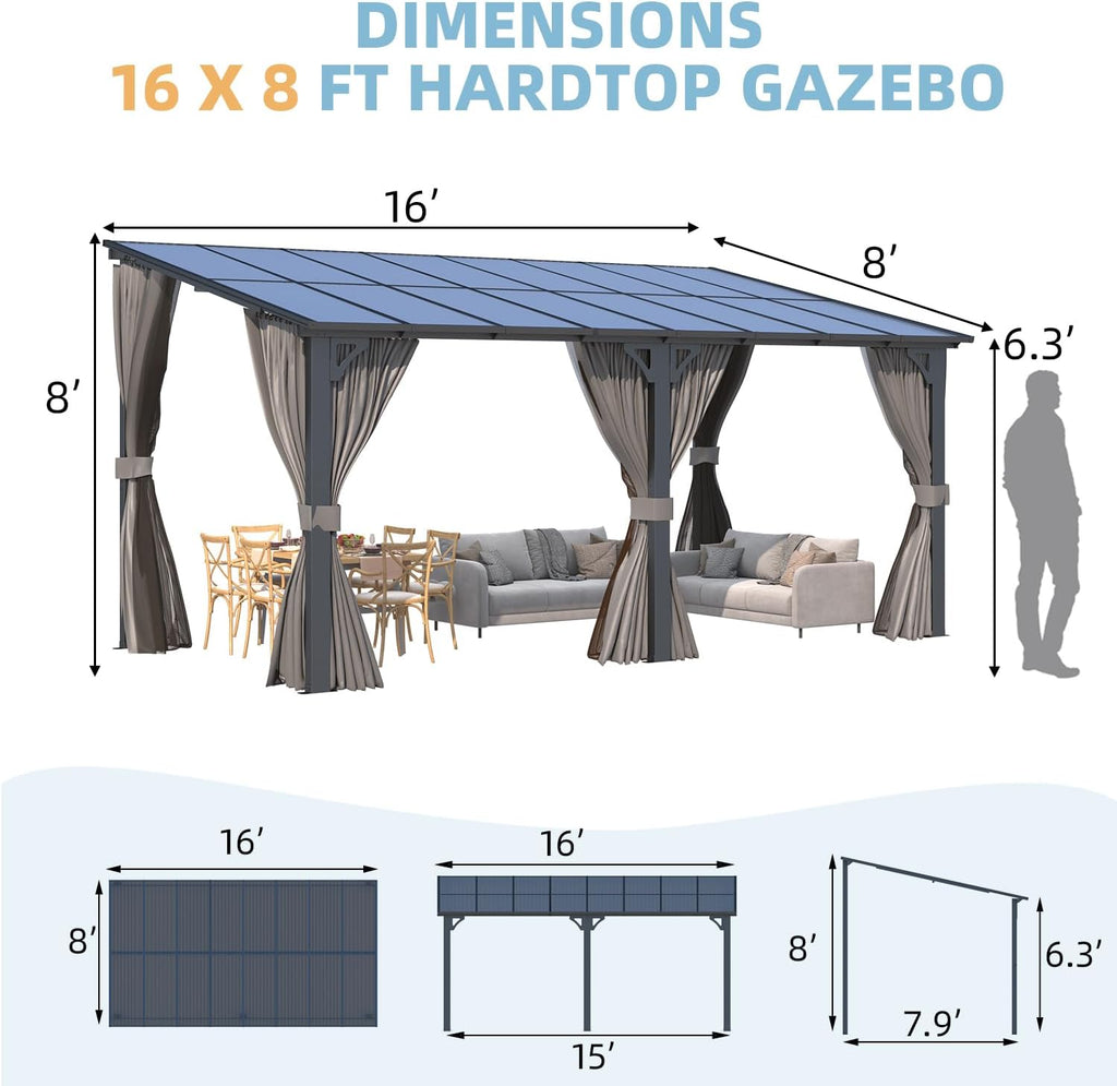16' x 8' Gazebo Outdoor Pergola with Curtains and Netting, 8 - Image 7