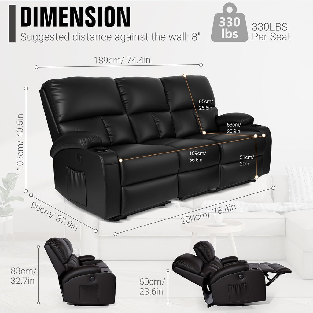 Home Theater Seating,RV Recliner Sofa with Massage and Heat,Manual RV Recliner Loveseat with USB/Cup Holders