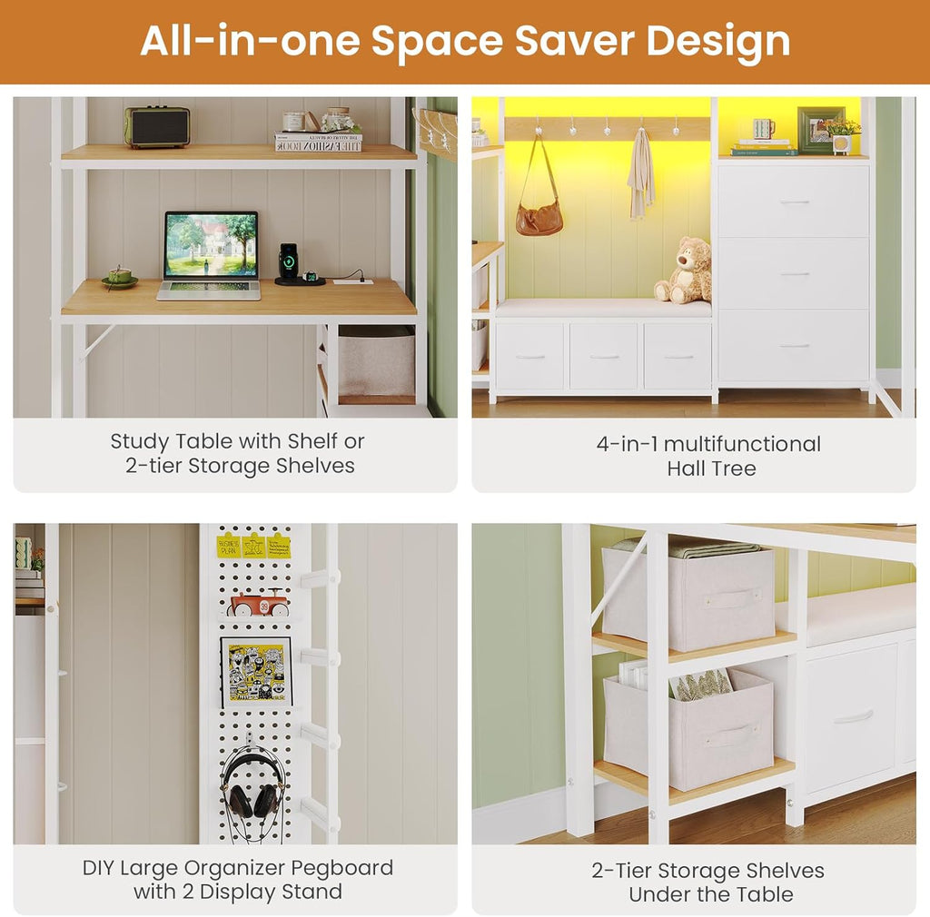 Twin Loft Bed with 6 Storage Drawers,Coat Rack and Open Shelves Metal Twin Loft Bed with Desk,Charging Station and LED