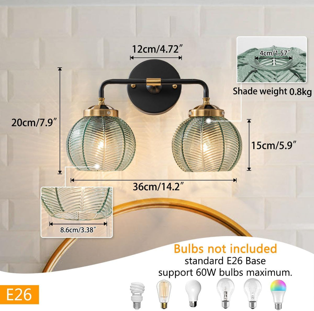 Mid Century Vanity Light Black Bathroom Wall Light Fixtures Green Glass Wall Sconce lamp Ribbed Glass Shade Modern