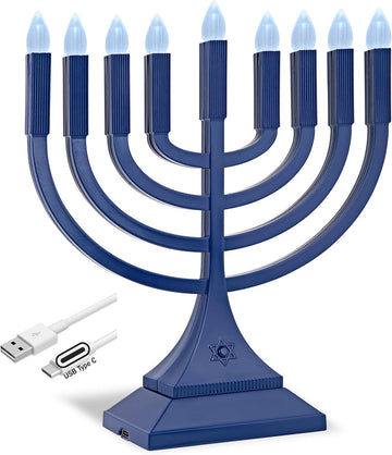 Zion Judaica 9" LED Hanukkah Blue Powered by Batteries or Included 3' USB C Cable Flameless Chanukkah Candles Holder