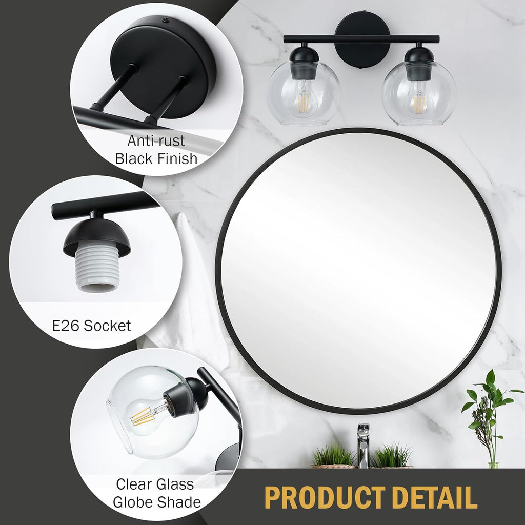 Black Bathroom Light Fixtures, 2 Light Bathroom Vanity Light with Globe Glass Shades, Modern Farmhouse Vanity Lights