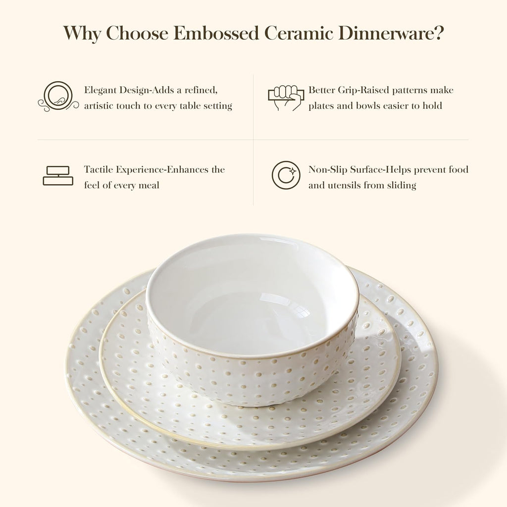 16 Pieces Dinnerware Sets, Modern Relief Design Plates and Bowls Sets, White Dish Set for 4