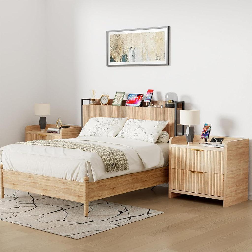 King Headboard Only with Outlets, Wall Mount Wood Fluted Headboard with Storage, Height Adjustable, Storage Rack