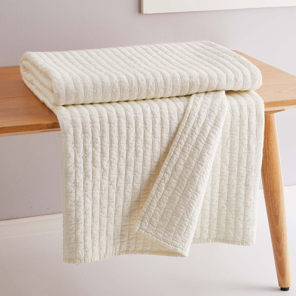 Cross Stitch - Quilted Throw - 50x60in. - 100% Cotton - Reversible Pattern - Cream with White Stitching