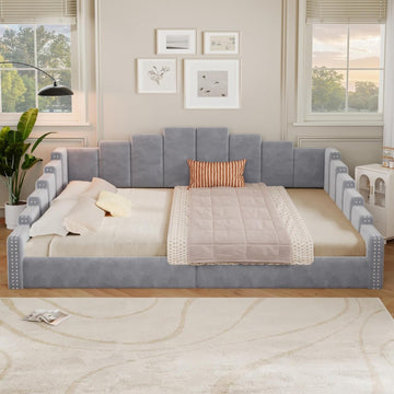 Queen Size Upholstered Daybed with Nailhead Trim Armrest, Gray | Velvet Vertical Channel Tufted Day Bed with