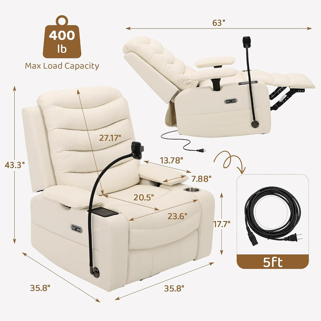 Power Glider Recliner Nursery Chair, Leather Swivel Rocking Chair, Beige | with Electric Lumbar Support, USB