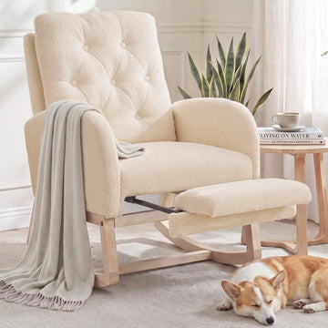 Modern Nursery Rocking Chair with Footrest, Teddy Upholstered Recliner Glider Chair with Diamond Shape Back, Tufted