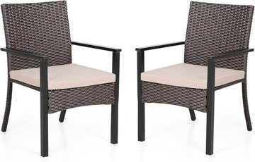 Outdoor Wicker Chairs Set of 2, Rattan Covered Metal Armchairs with Removable Cushion