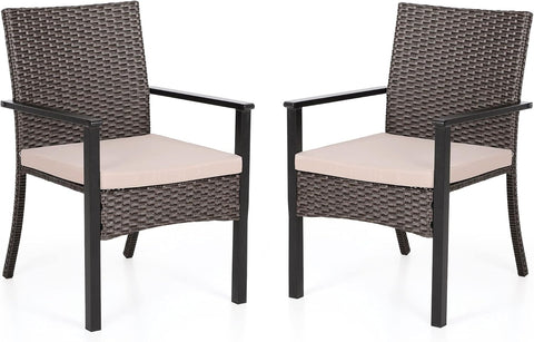 Outdoor Wicker Chairs Set of 2, Rattan Covered Metal Armchairs with Removable Cushion