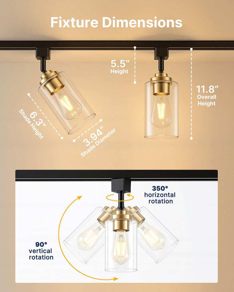 4 Pack H Type Track Lighting Heads, E26 Clear Glass, Black Gold