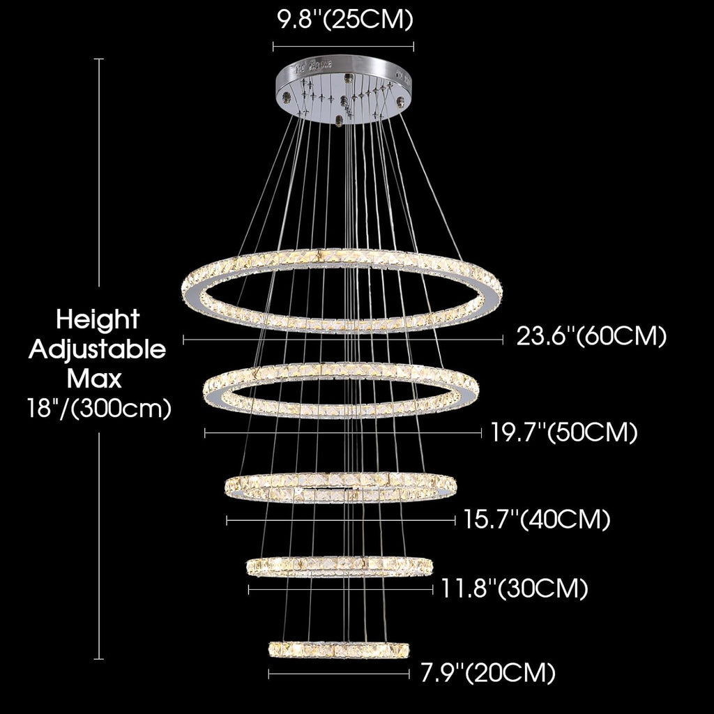Modern Crystal Chandeliers for High Ceilings, 5 Rings Led Chandelier Pendant Light Fixture 3 Colors Adjustable, Gold Chandelier for Foyer Dining Room Bedroom Living Room Staircase, D8"-12"-16"-20"-24"