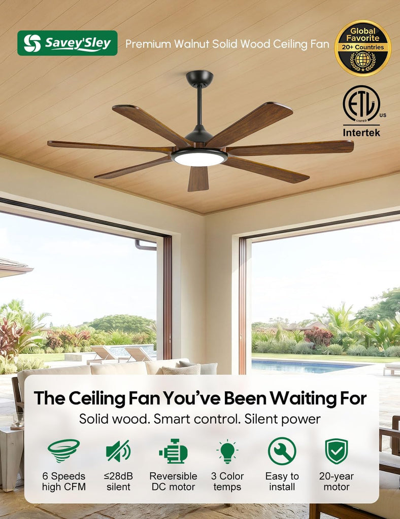 72 inch Smart Wood Ceiling Fan with Large Light, Remote/Alexa/App Control, Farmhouse 7 Solid Walnut Blades