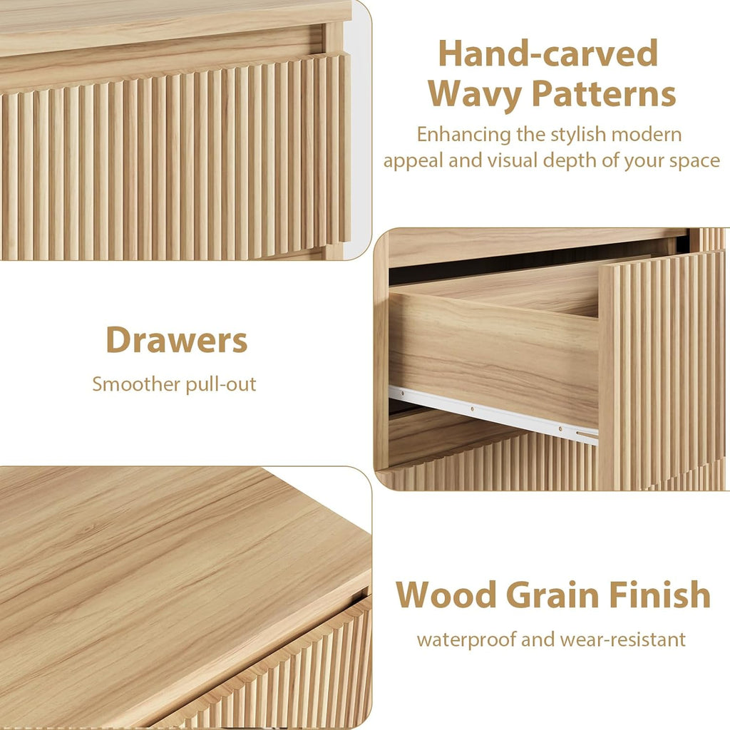 6 Drawer Fluted Dresser, Modern Chest of Drawers with Hidden Handles, Wood Storage Organizer Cabinet , Natural Oak