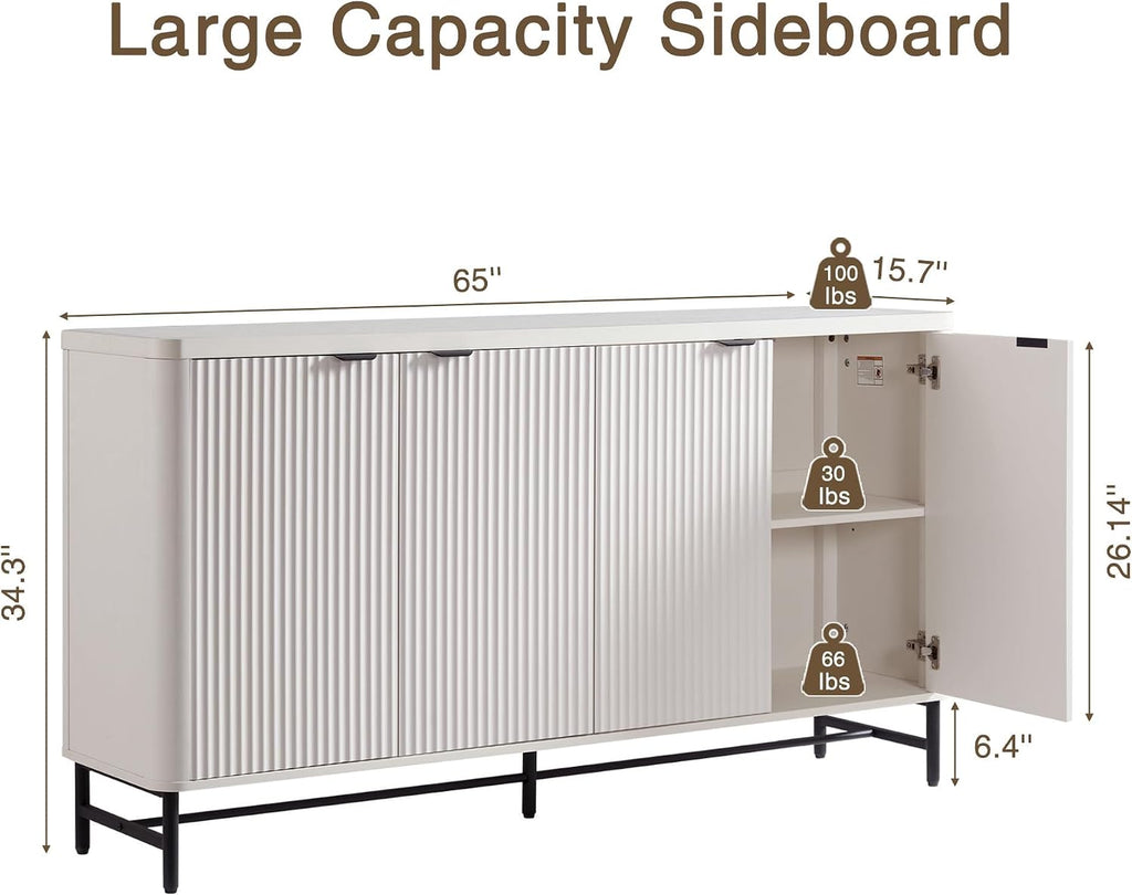 65" Buffet Cabinet with Storage, Fluted Credenza Sideboard with 4 Doors & Adjustable Shelves