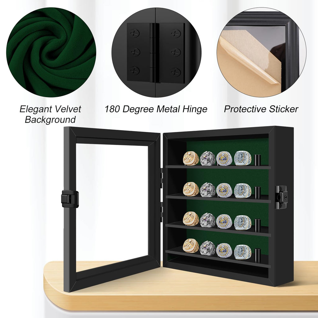 Championship Ring Display Case, Lockable Baseball Ring Holder with 20 Posts, Wooden Shadow Box Wall Mount for