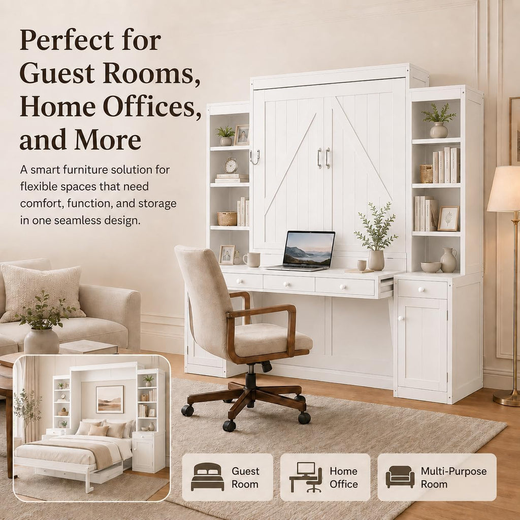 Queen Murphy Bed with Desk, Wall Bed Cabinet with Storage Shelves, Enclosed Cabinets and Hidden Foldout Workstation