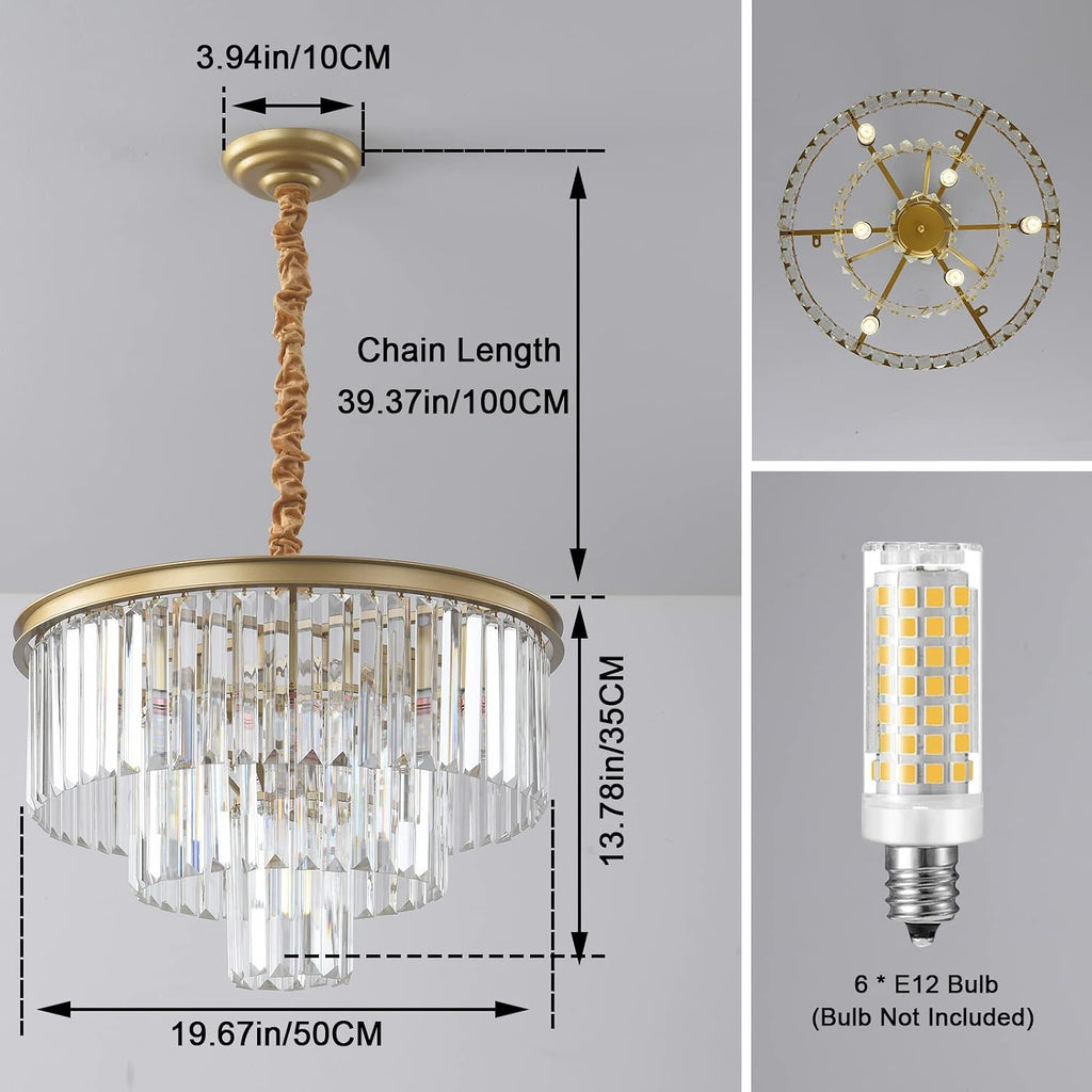 Gold Modern Crystal Chandelier, 3-Tier Round Flush Mount Ceiling Light Fixtures Height Adjustable Pendant Lighting